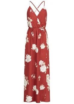 Styleboom Fashion Damen Wrapped Maxi Dress Cross Back Side Flower Print Rot Weiss