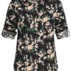 Seventyseven Lifestyle Damen Turn-Up Bluse Blumen Print 2 Brusttaschen Schwarz Rosa -Luftig Und Leicht 19039007