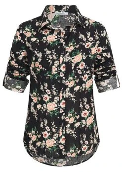 Seventyseven Lifestyle Damen Turn-Up Bluse Blumen Print 2 Brusttaschen Schwarz Rosa
