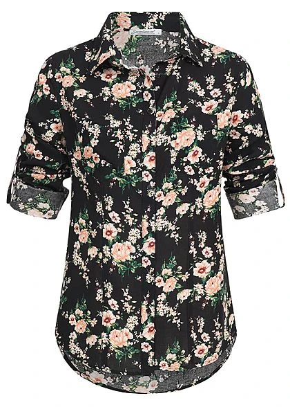 Seventyseven Lifestyle Damen Turn-Up Bluse Blumen Print 2 Brusttaschen Schwarz Rosa 2 Seventyseven Lifestyle Damen Turn-Up Bluse Blumen Print 2 Brusttaschen Schwarz Rosa