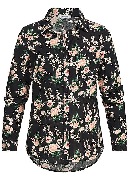 Seventyseven Lifestyle Damen Turn-Up Bluse Blumen Print 2 Brusttaschen Schwarz Rosa 3 Seventyseven Lifestyle Damen Turn-Up Bluse Blumen Print 2 Brusttaschen Schwarz Rosa – Bild 2