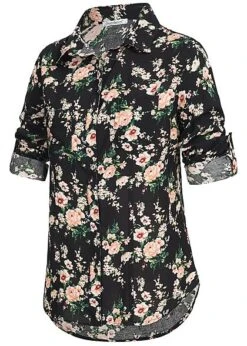 Seventyseven Lifestyle Damen Turn-Up Bluse Blumen Print 2 Brusttaschen Schwarz Rosa 8 Seventyseven Lifestyle Damen Turn-Up Bluse Blumen Print 2 Brusttaschen Schwarz Rosa -Luftig Und Leicht 19039007 2