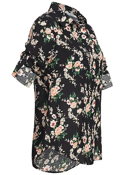 Seventyseven Lifestyle Damen Turn-Up Bluse Blumen Print 2 Brusttaschen Schwarz Rosa 5 Seventyseven Lifestyle Damen Turn-Up Bluse Blumen Print 2 Brusttaschen Schwarz Rosa – Bild 4