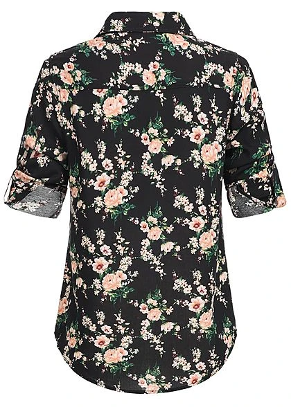Seventyseven Lifestyle Damen Turn-Up Bluse Blumen Print 2 Brusttaschen Schwarz Rosa 6 Seventyseven Lifestyle Damen Turn-Up Bluse Blumen Print 2 Brusttaschen Schwarz Rosa – Bild 5