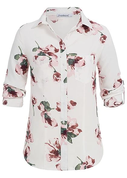 Seventyseven Lifestyle Damen Turn-Up Bluse Blumen Print 2 Brusttaschen Weiss Rosa 3 Seventyseven Lifestyle Damen Turn-Up Bluse Blumen Print 2 Brusttaschen Weiss Rosa