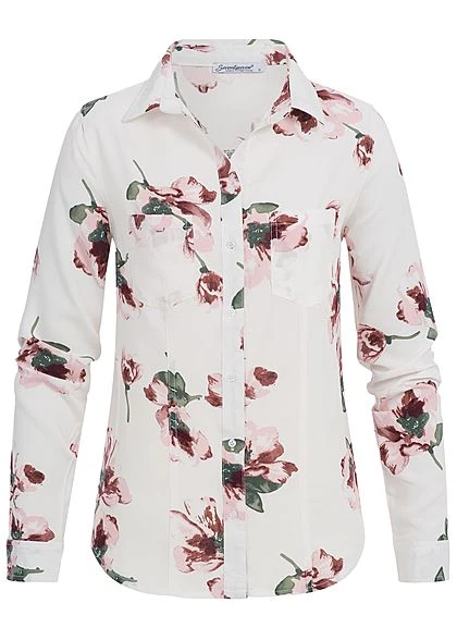 Seventyseven Lifestyle Damen Turn-Up Bluse Blumen Print 2 Brusttaschen Weiss Rosa 4 Seventyseven Lifestyle Damen Turn-Up Bluse Blumen Print 2 Brusttaschen Weiss Rosa – Bild 2
