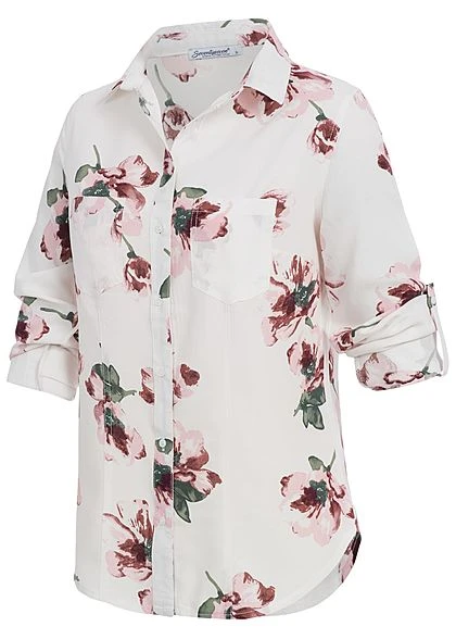 Seventyseven Lifestyle Damen Turn-Up Bluse Blumen Print 2 Brusttaschen Weiss Rosa 5 Seventyseven Lifestyle Damen Turn-Up Bluse Blumen Print 2 Brusttaschen Weiss Rosa – Bild 3