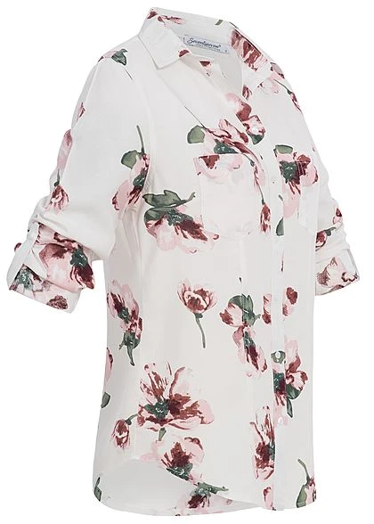 Seventyseven Lifestyle Damen Turn-Up Bluse Blumen Print 2 Brusttaschen Weiss Rosa 6 Seventyseven Lifestyle Damen Turn-Up Bluse Blumen Print 2 Brusttaschen Weiss Rosa – Bild 4