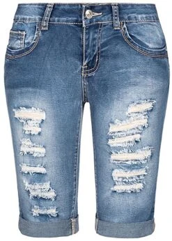 Seventyseven Lifestyle Damen Bermuda Shorts 5-Pockets Destroy Look Blau Denim