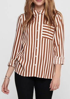 ONLY Damen NOOS Langarm Bluse Streifen Muster Mit Brusttasche Ginger Bread Braun