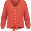 ONLY Damen V-Neck Bluse Schnürdetail Am Abschluss Knopfleiste Hot Sauce Braun 2 ONLY Damen V-Neck Bluse Schnürdetail Am Abschluss Knopfleiste Hot Sauce Braun -Luftig Und Leicht 20020360