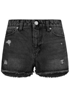 Stitch And Soul Damen Jeans Shorts High-Waist 5-Pockets Destroy Look Fransen Schwarz