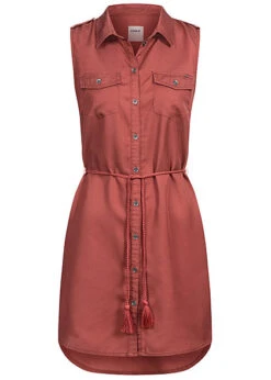 ONLY Damen Mini Kleid Vokuhila Knopfleiste Inkl. Bindegürtel 2-Pockets Apple Butter Rot