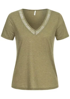ONLY Damen V-Neck Melange Lurex T-Shirt Mit Spitze & Deko Perlen Martini Oliv Grün