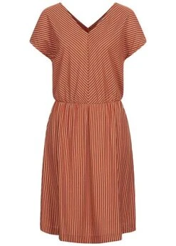 Tom Tailor Damen V-Neck Midi Kleid Taillengummibund Streifen Muster Braun Weiss