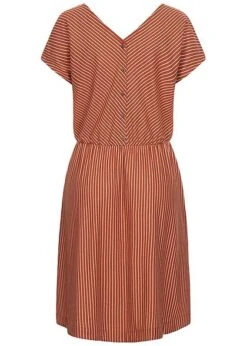 Tom Tailor Damen V-Neck Midi Kleid Taillengummibund Streifen Muster Braun Weiss -Luftig Und Leicht 20052742 2