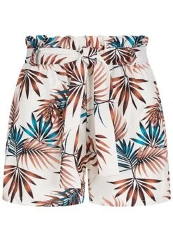 Fresh Lemons Damen Paperbag Shorts Inkl. Bindegürtel Tropical Print Weiss