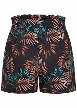 Fresh Lemons Damen Paperbag Shorts Inkl. Bindegürtel Tropical Print Schwarz -Luftig Und Leicht 20055086 2