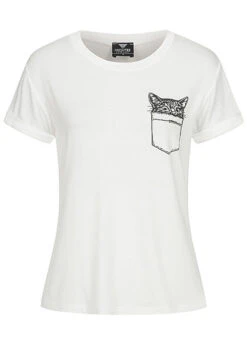 Fresh Tee Damen T-Shirt Cat-Pocket Print Weiss
