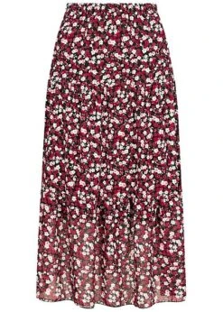 Fresh Lemons Damen Longform Rock 2-lagig Blumen Muster Schwarz Rosa Weiss