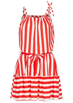 Fresh Lemons Damen Kleid Inkl. Bindegürtel Streifen Muster Rot Weiss