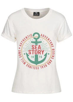 Fresh Tee Damen T-Shirt Anker Sea Story Print Ärmelumschlag Weiss Rot