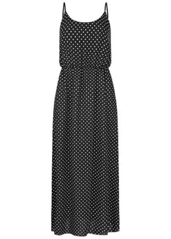 Fresh Lemons Damen Viskose Maxi Kleid Taillengummibund Punkte Muster Schwarz Weiss