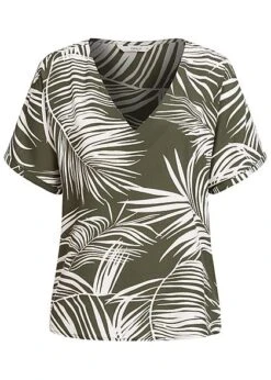 ONLY Damen V-Neck Oversized Blusen Shirt Tropical Print Kalamata Oliv Grün