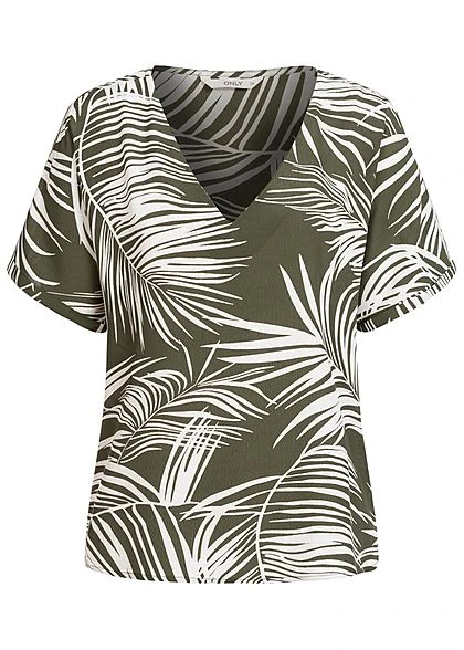 ONLY Damen V-Neck Oversized Blusen Shirt Tropical Print Kalamata Oliv Grün 3 ONLY Damen V-Neck Oversized Blusen Shirt Tropical Print Kalamata Oliv Grün