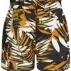 ONLY Damen Paperbag Leinen Shorts Tropical Print Chai Tea Gelb Schwarz -Luftig Und Leicht 20073638