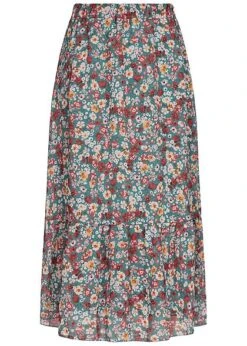 Styleboom Fashion Damen Longform Chiffon Rock Blumen Muster 2-lagig Jade Grün