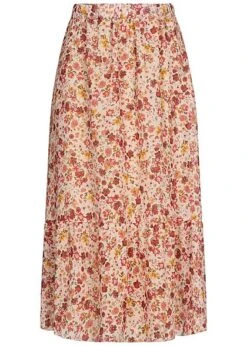 Styleboom Fashion Damen Longform Chiffon Rock Blumen Muster 2-lagig Beige