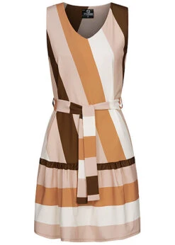 Styleboom Fashion Damen V-Neck Midi Kleid Bindegürtel Streifen Muster Beige Schwarz