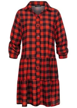 Styleboom Fashion Damen Oversized Flanell Crepe Kleid Karo Muster Rot Schwarz