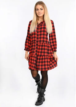 Styleboom Fashion Damen Oversized Flanell Crepe Kleid Karo Muster Rot Schwarz -Luftig Und Leicht 20096420 4