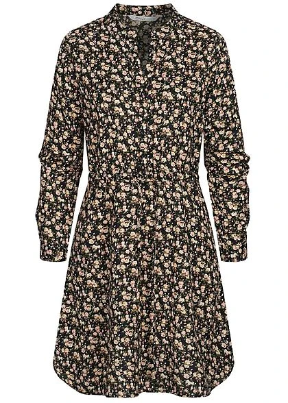 ONLY Damen NOOS V-Neck Krepp Tunika Kleid Taillenzug Blumen Muster Schwarz Grün 3 ONLY Damen NOOS V-Neck Krepp Tunika Kleid Taillenzug Blumen Muster Schwarz Grün