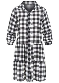 Styleboom Fashion Damen Oversized Flanell Crepe Kleid Schwarz Weiss