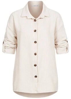 Hailys Damen Turn-Up Bluse In Feinkordoptik Knopfleiste Lockerer Schnitt Creme Beige