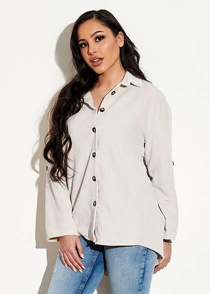 Hailys Damen Turn-Up Bluse In Feinkordoptik Knopfleiste Lockerer Schnitt Creme Beige 6 Hailys Damen Turn-Up Bluse In Feinkordoptik Knopfleiste Lockerer Schnitt Creme Beige – Bild 4