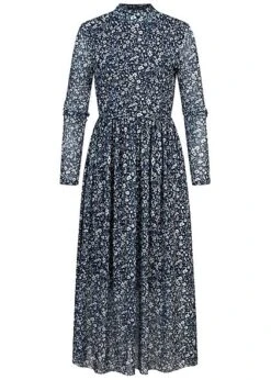 Tom Tailor Damen Langarm Midi Mesh Kleid Blumen Muster 2-lagig Blau Weiss