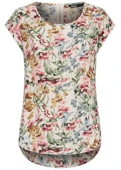 ONLY Damen NOOS Blusen Top Blumen Print Vokuhila Zipper Cloud D. Weiss Beige Mc