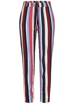 ONLY Damen Viskose Stoffhose Gummibund Mit Tunnelzug Streifen Muster Multicolor Rot