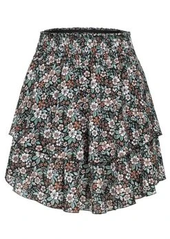 Styleboom Fashion Damen Mini Stufenrock Blumen Muster Schwarz Multicolor