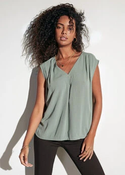 ONLY Damen NOOS V-Neck Blusen Shirt Vokuhila Chinois Grün