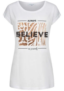 Sublevel Damen T-Shirt Believe Print Pailletten Weiss Kupfer