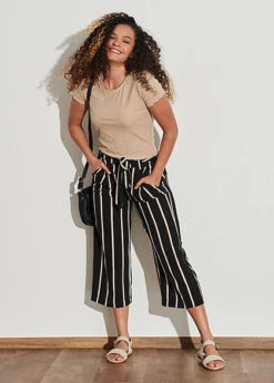 ONLY Damen NOOS Mid-Waist Culotte Strukturhose 2-Pockets Streifen Muster Schwarz Camel -Luftig Und Leicht 21031081 3