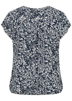 Tom Tailor Damen V-Neck Kurzarm Puffer Bluse Blumen Muster Navy Blau Weiss -Luftig Und Leicht 21031126 1