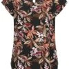 ONLY Damen Viskose Blusen Shirt Tropical Print Vokuhila Knopf Schwarz Multicolor -Luftig Und Leicht 21031209