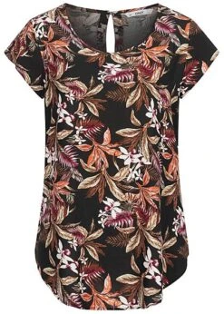 ONLY Damen Viskose Blusen Shirt Tropical Print Vokuhila Knopf Schwarz Multicolor