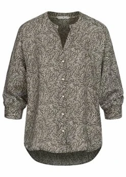 Tom Tailor Damen 3/4-Arm Blusen Shirt Knopfleiste Zweig Muster Khaki Grün Weiss